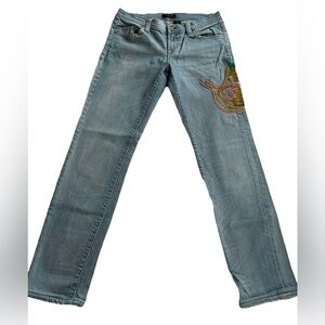 Sean Embroidered Pink/Teal Stone Washed Women’s Denim Jeans 30 Boho Streetwear